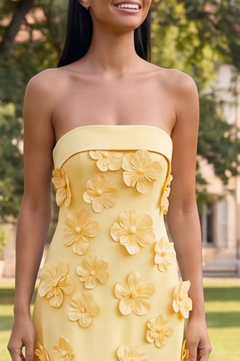 A-Line Yellow Strapless Midi Floral Dress