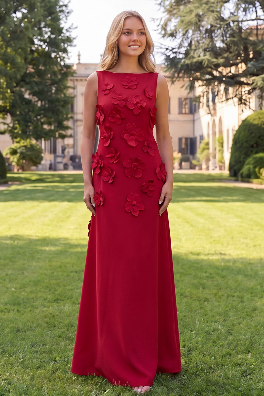 Mermaid Hot Pink Bateau Neck Maxi Floral Dress