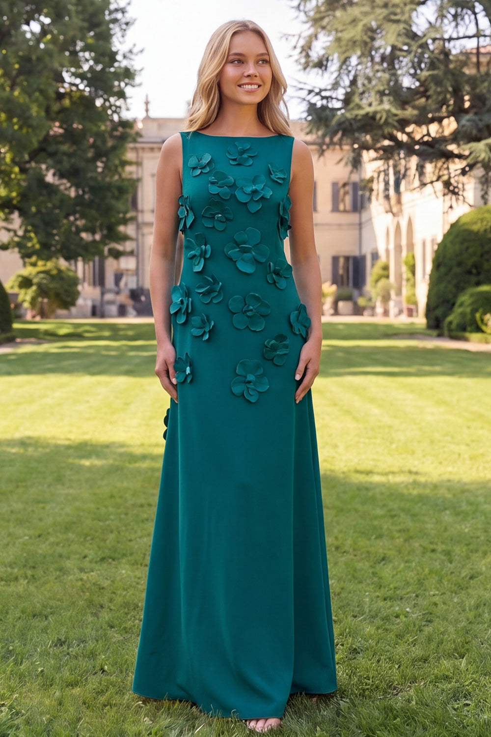 Mermaid Hot Pink Bateau Neck Maxi Floral Dress