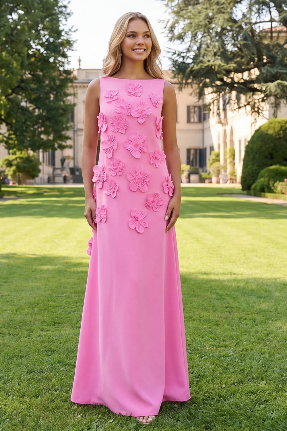 Mermaid Hot Pink Bateau Neck Maxi Floral Dress