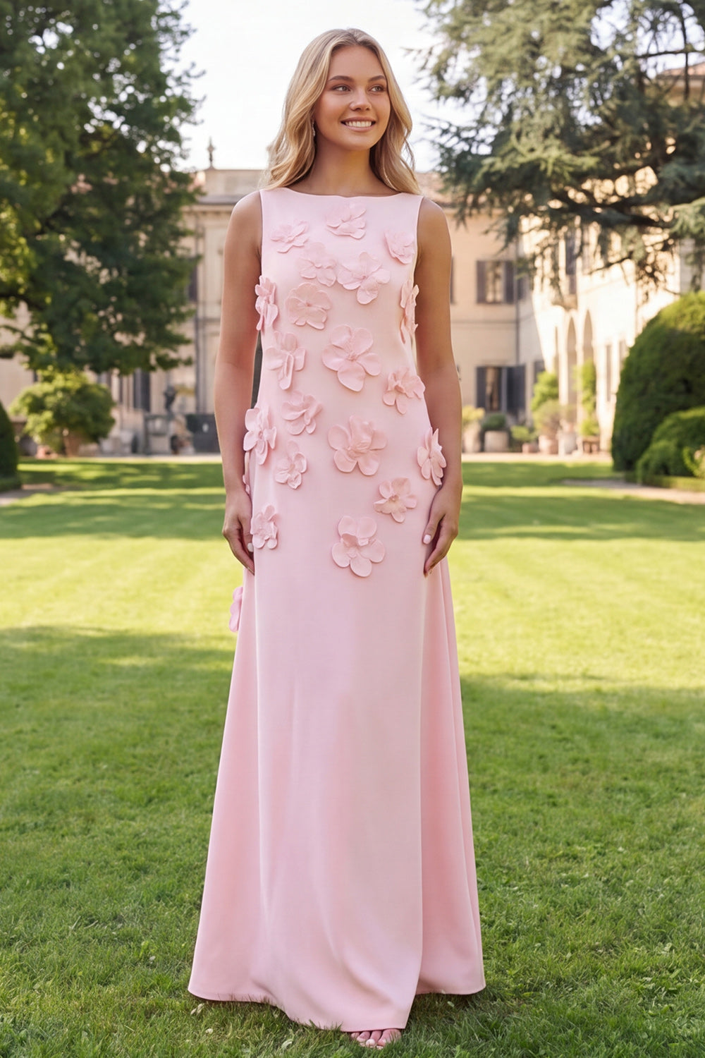 Mermaid Hot Pink Bateau Neck Maxi Floral Dress