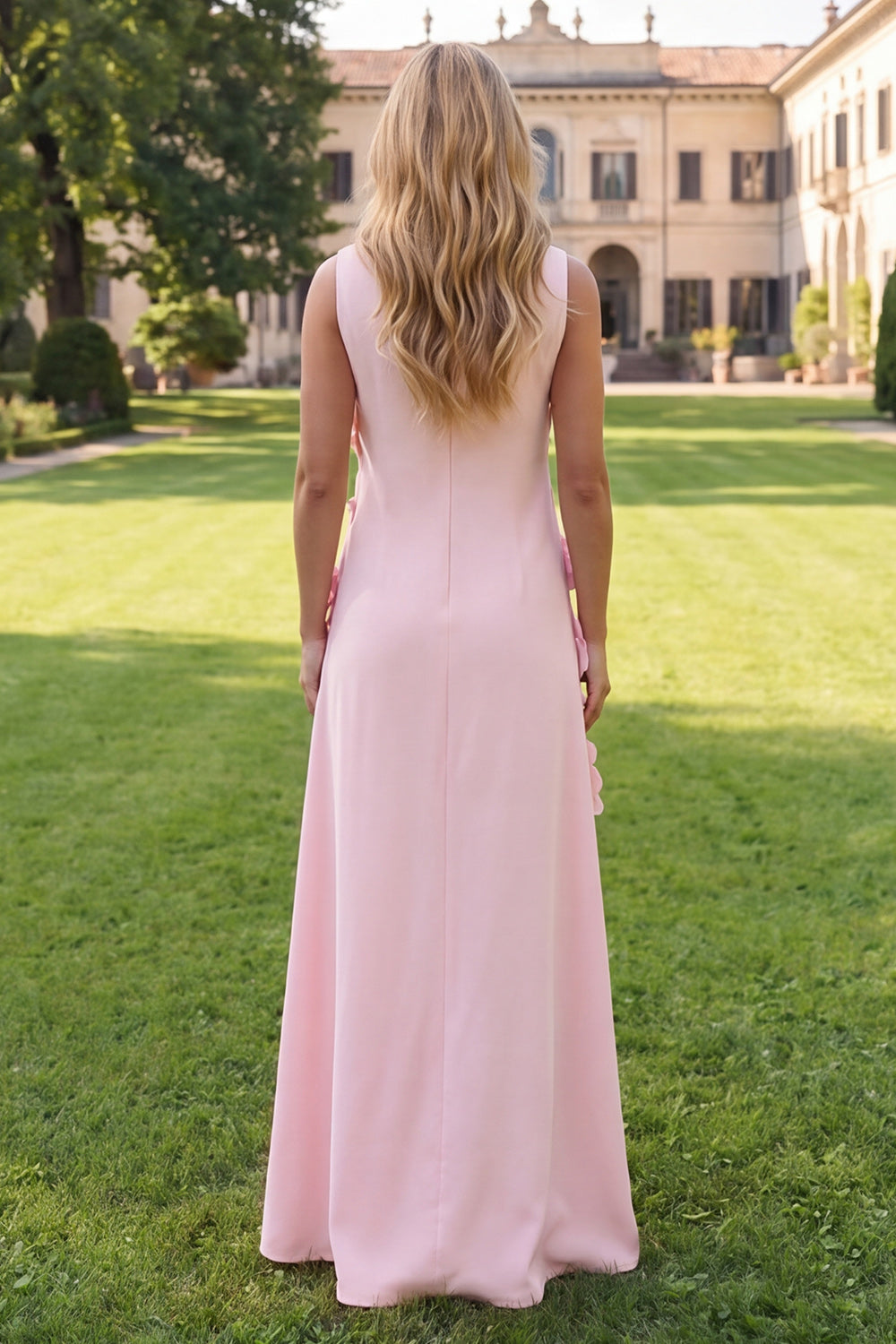 Mermaid Hot Pink Bateau Neck Maxi Floral Dress