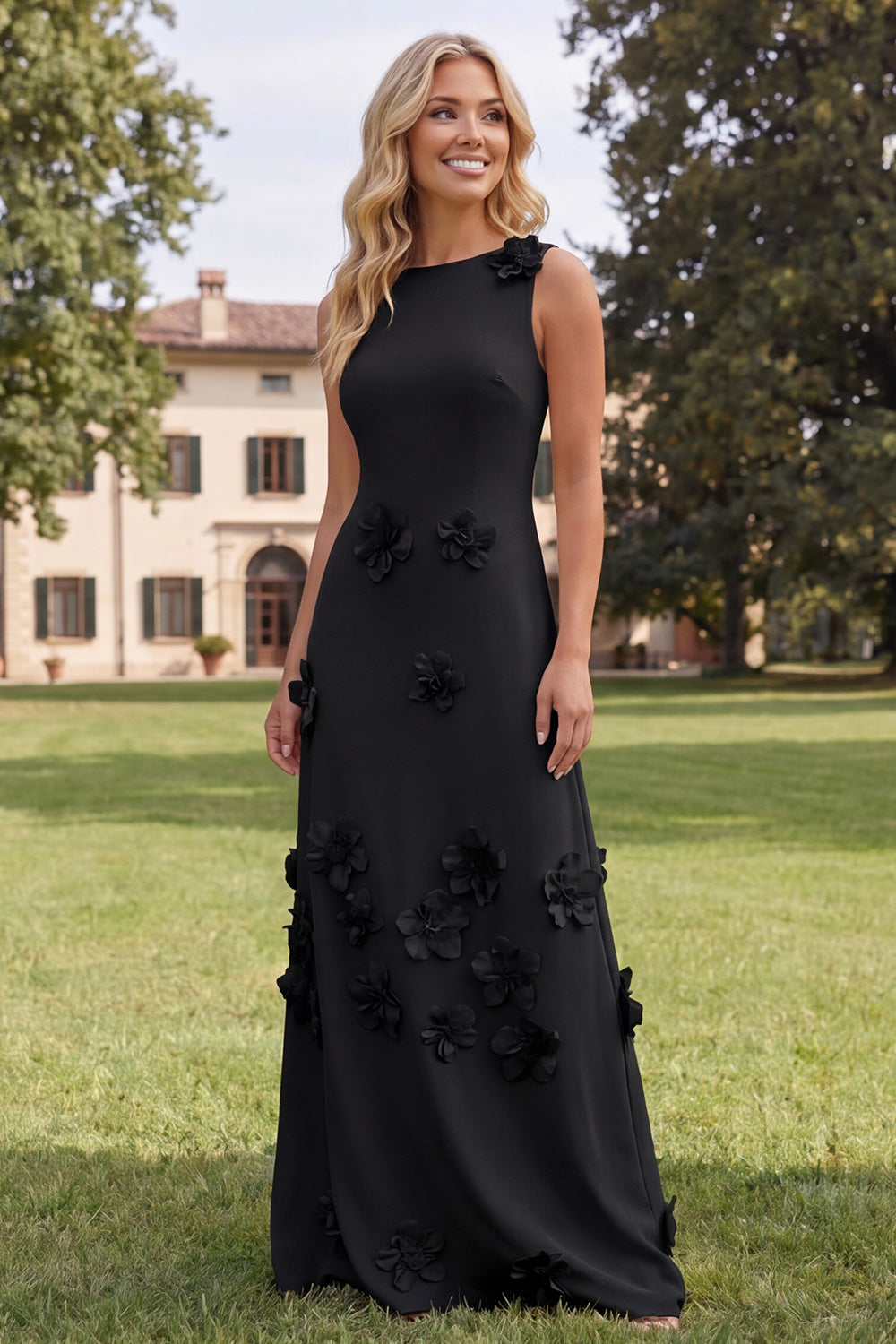 Robe longue sirène à col rond rose vif à fleurs