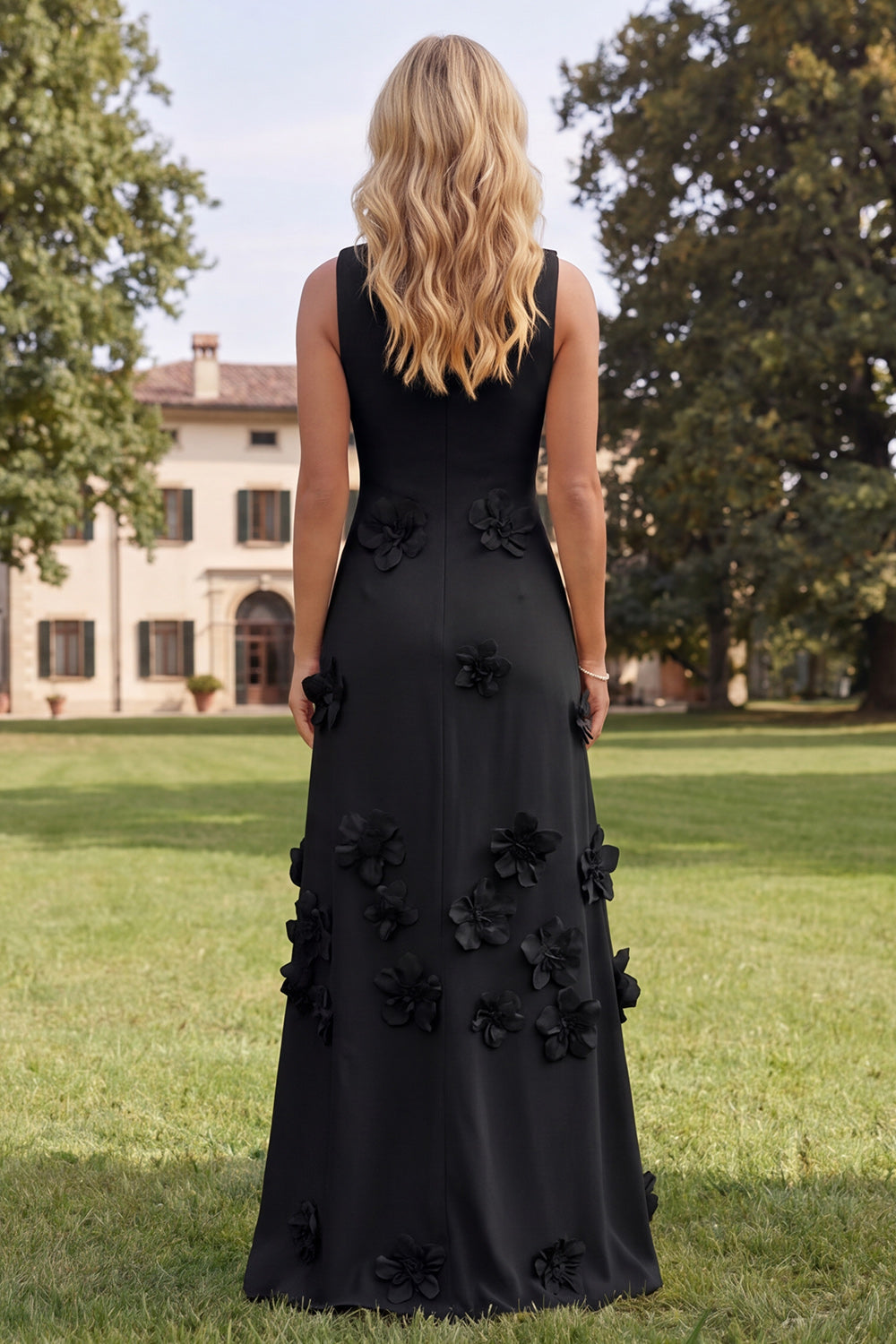 Robe longue sirène à col rond rose vif à fleurs