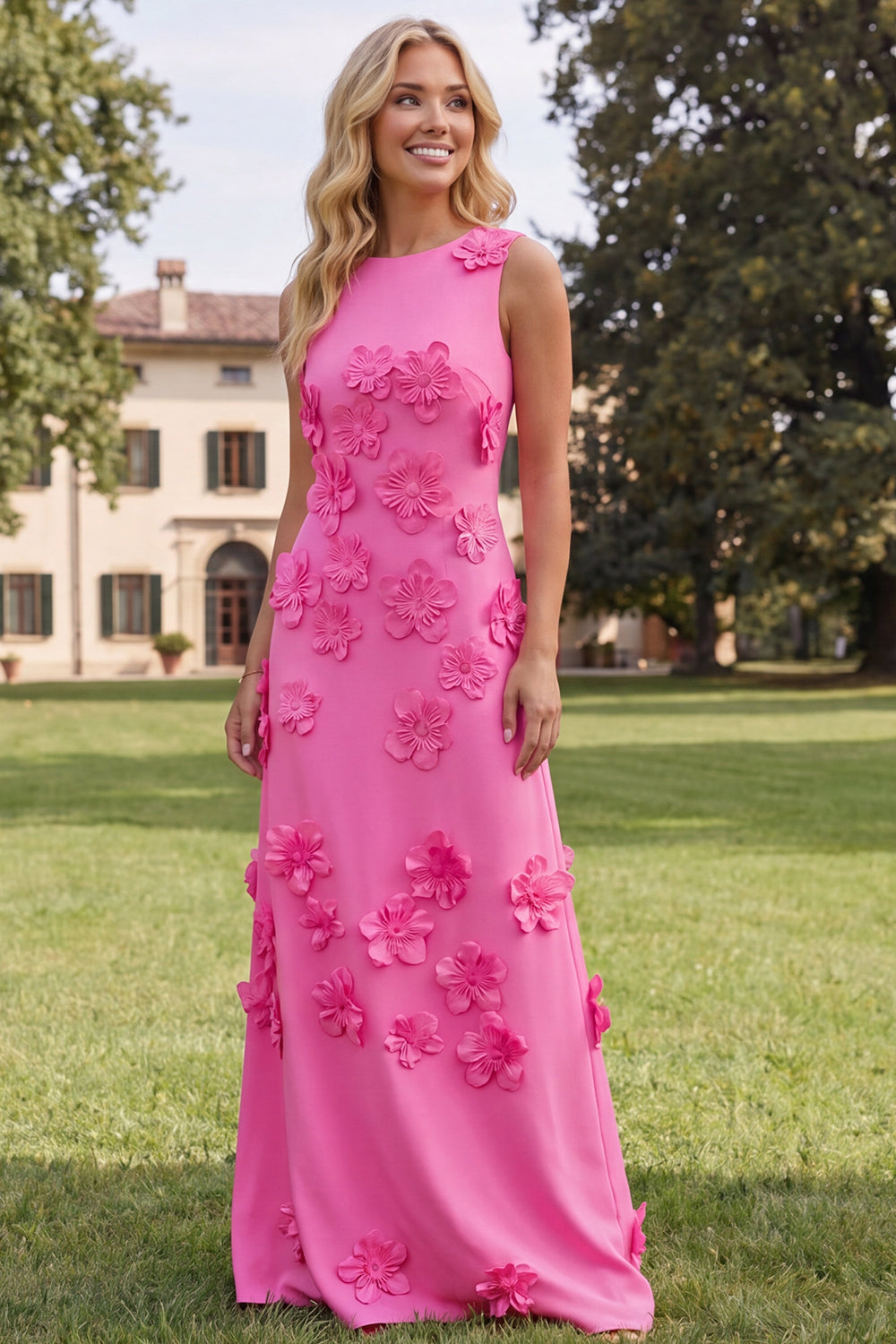 Robe longue sirène à col rond rose vif à fleurs