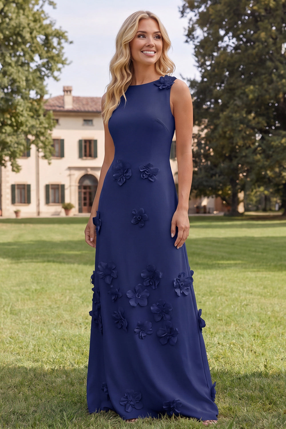 Robe longue sirène à col rond rose vif à fleurs