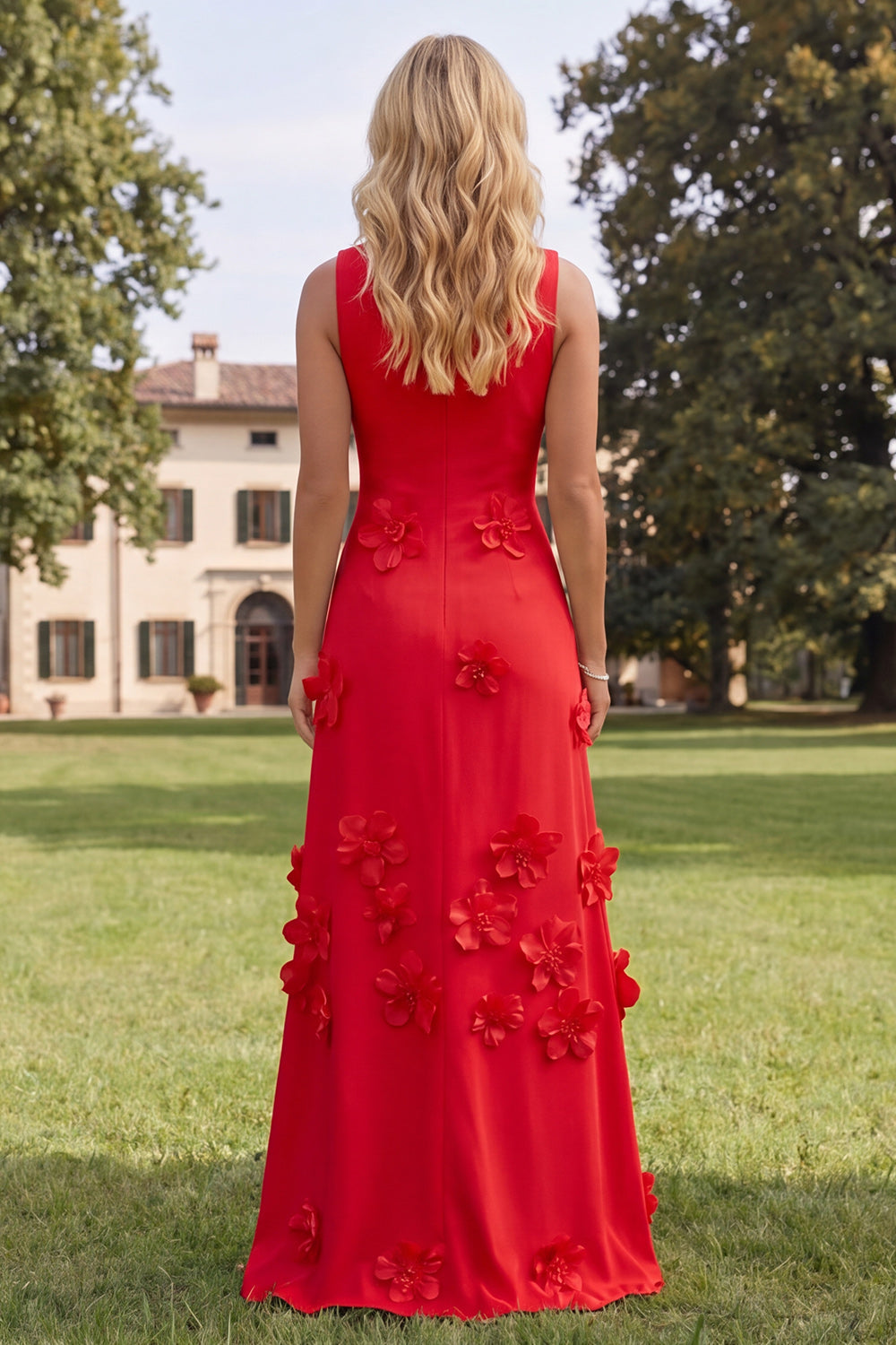 Robe longue sirène à col rond rose vif à fleurs