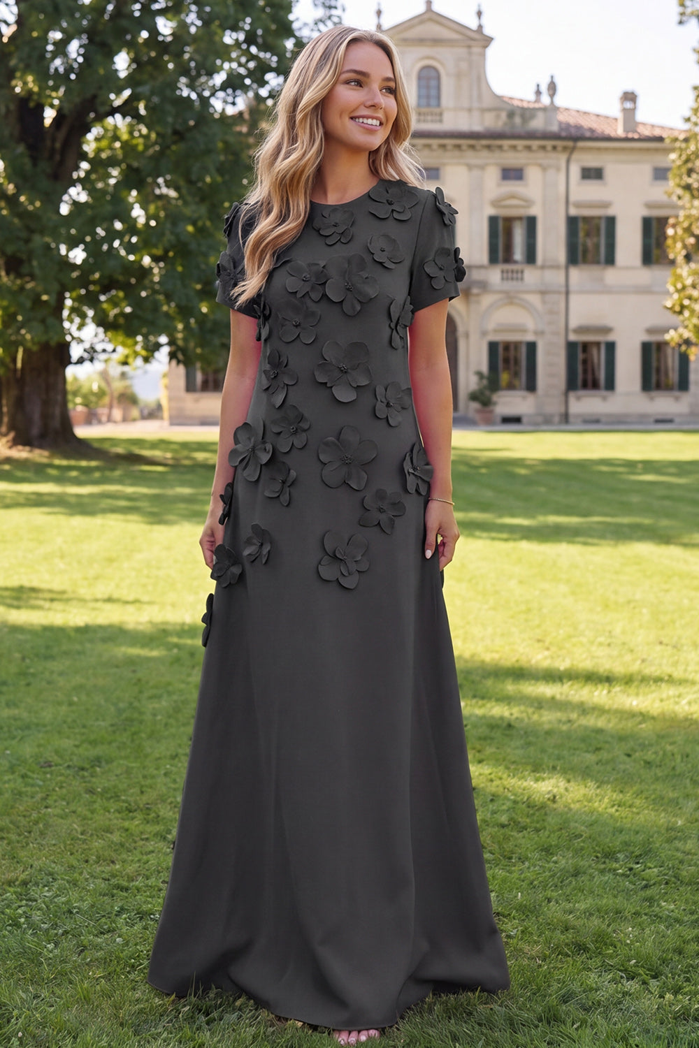 A-Line Blue Round Neck Floral Maxi Dress with Short Sleeves