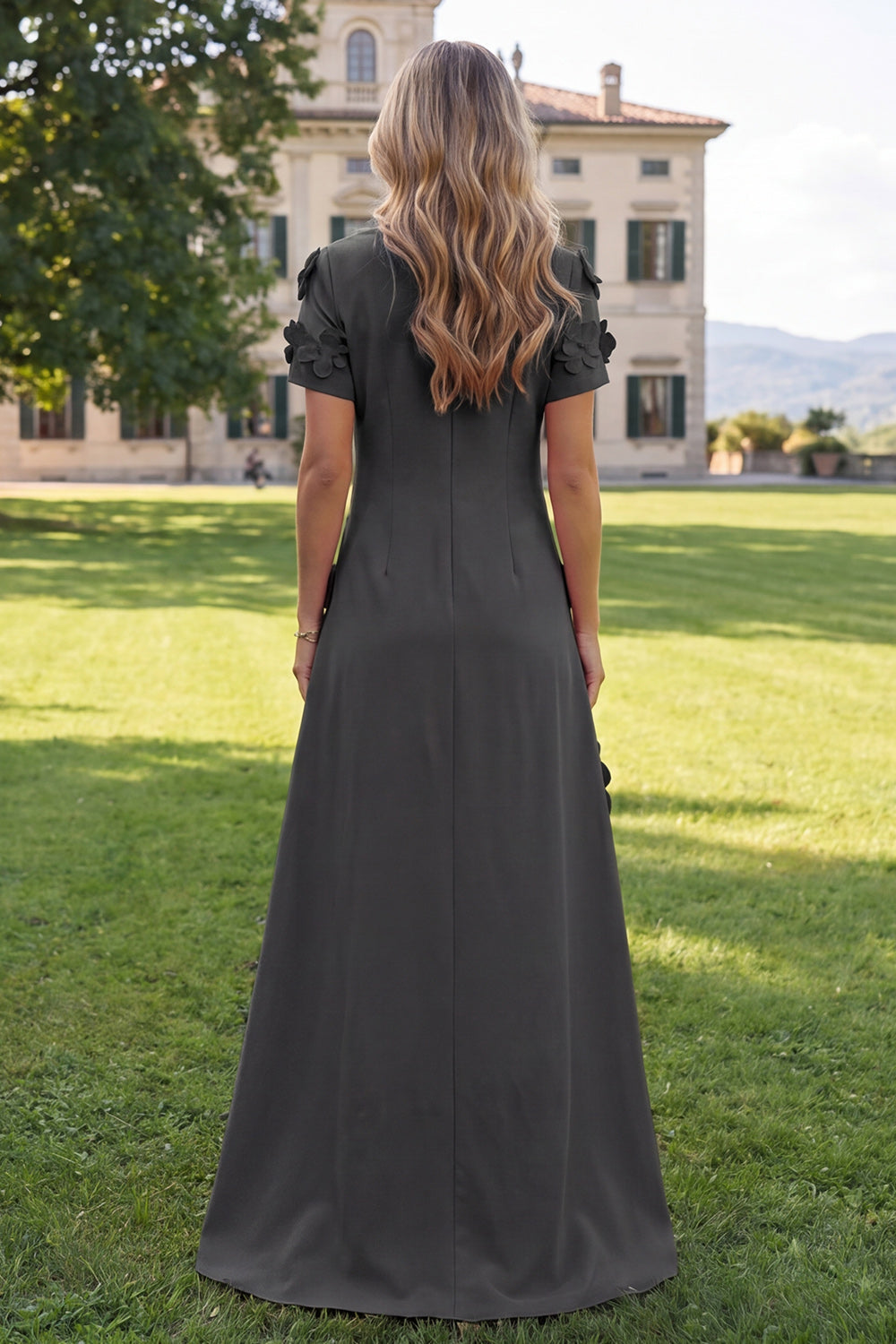 A-Line Blue Round Neck Floral Maxi Dress with Short Sleeves