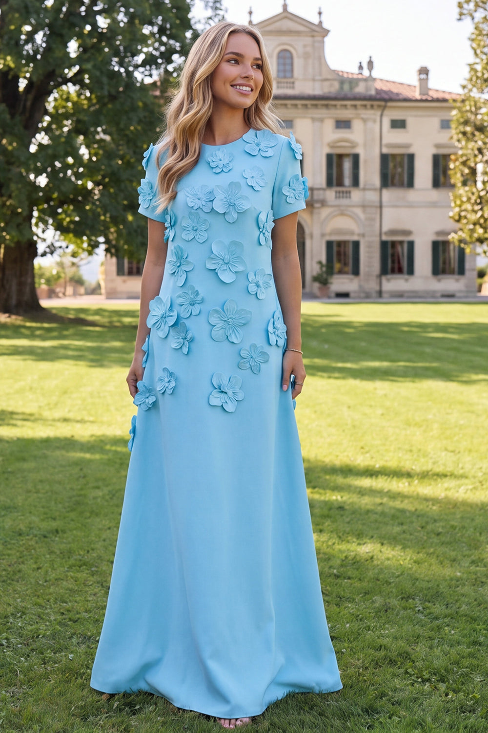 A-Line Blue Round Neck Floral Maxi Dress with Short Sleeves