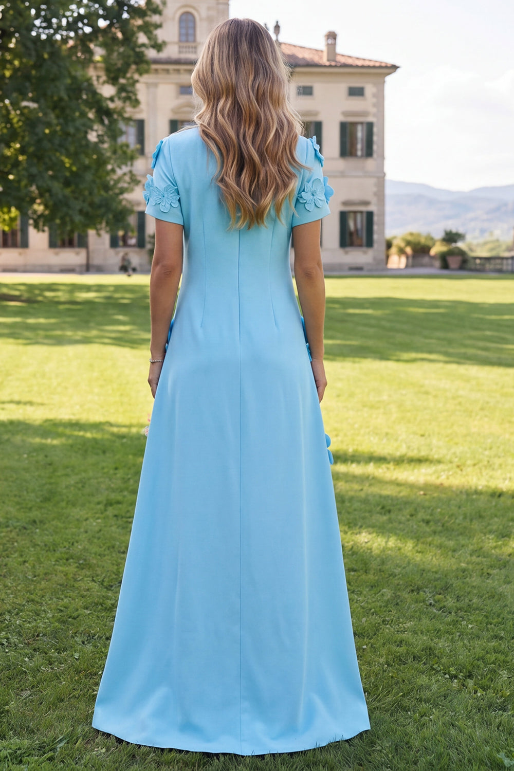 A-Line Blue Round Neck Floral Maxi Dress with Short Sleeves