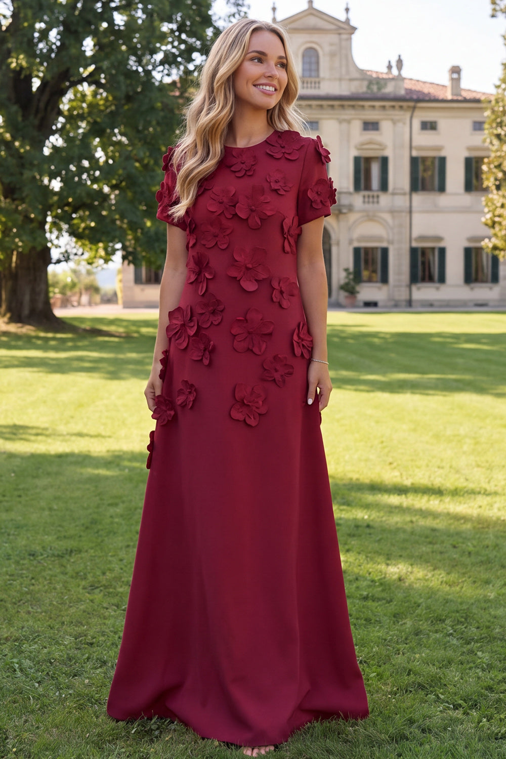 A-Line Blue Round Neck Floral Maxi Dress with Short Sleeves