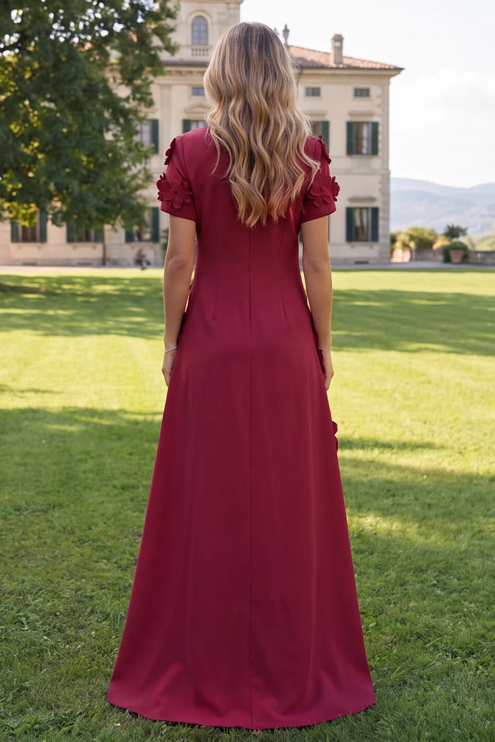 A-Line Blue Round Neck Floral Maxi Dress with Short Sleeves