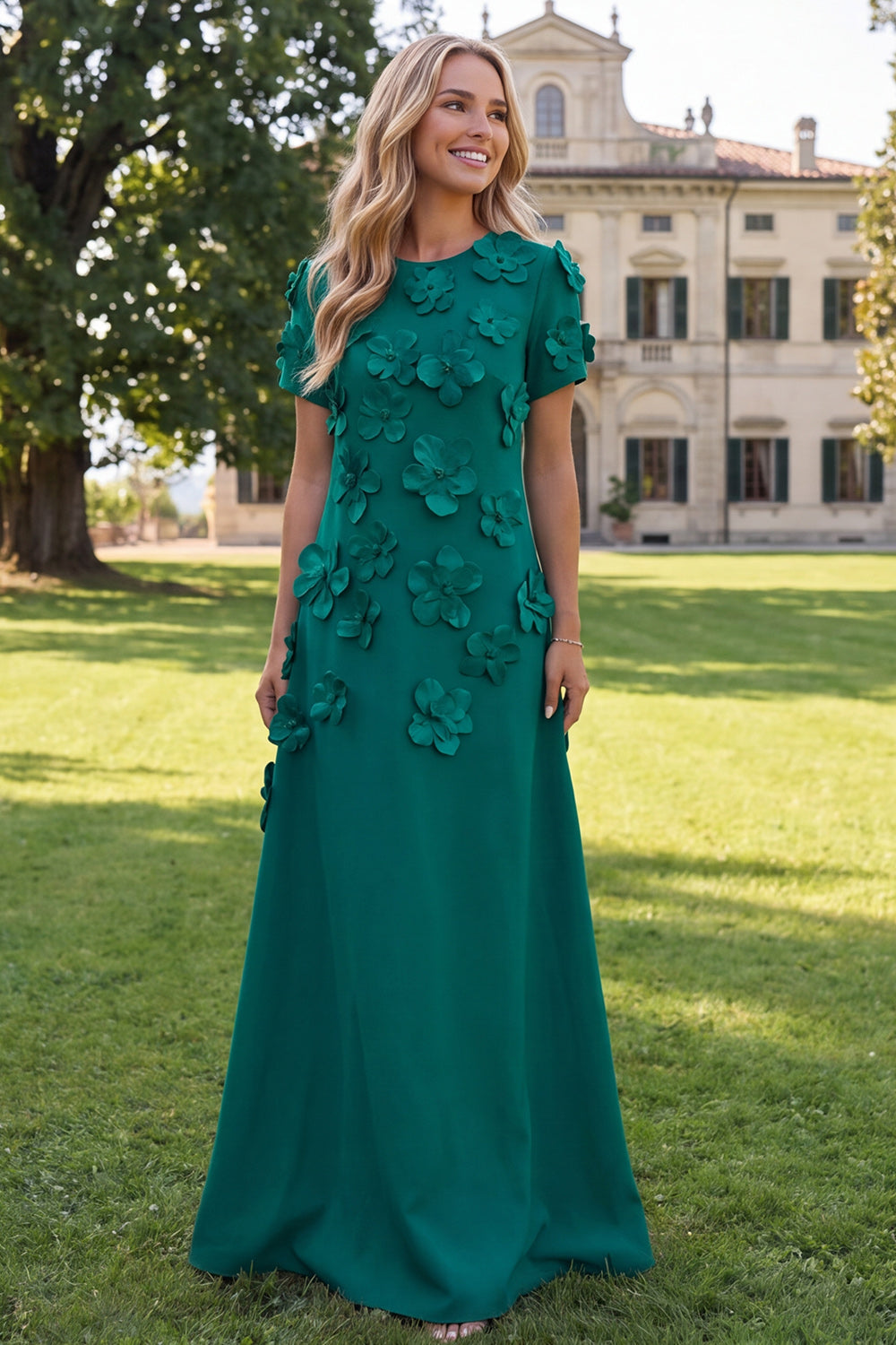 A-Line Blue Round Neck Floral Maxi Dress with Short Sleeves