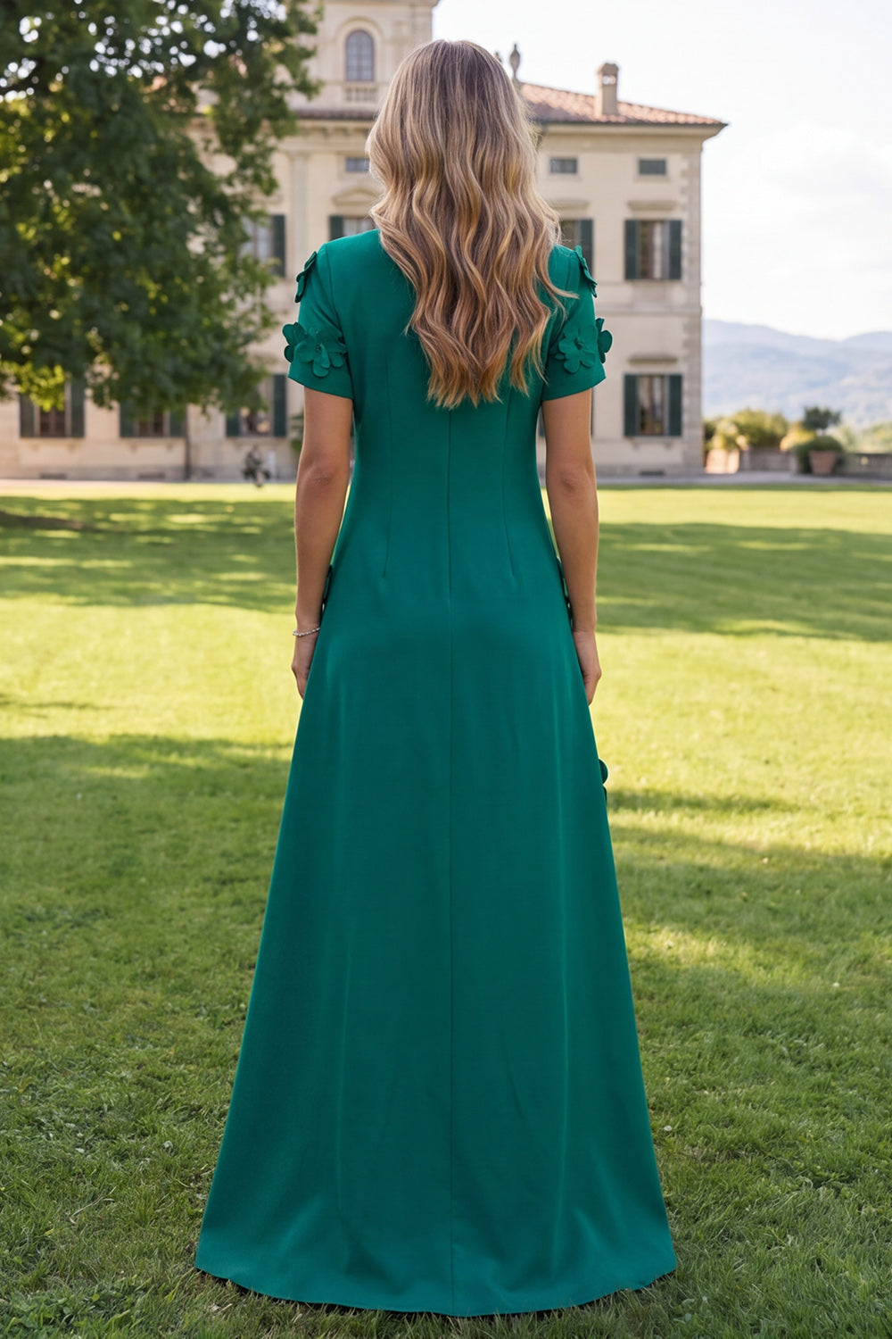 A-Line Blue Round Neck Floral Maxi Dress with Short Sleeves