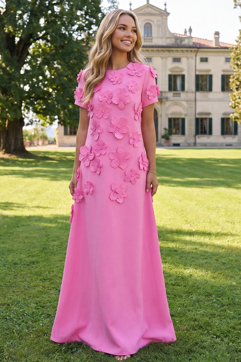 A-Line Blue Round Neck Floral Maxi Dress with Short Sleeves
