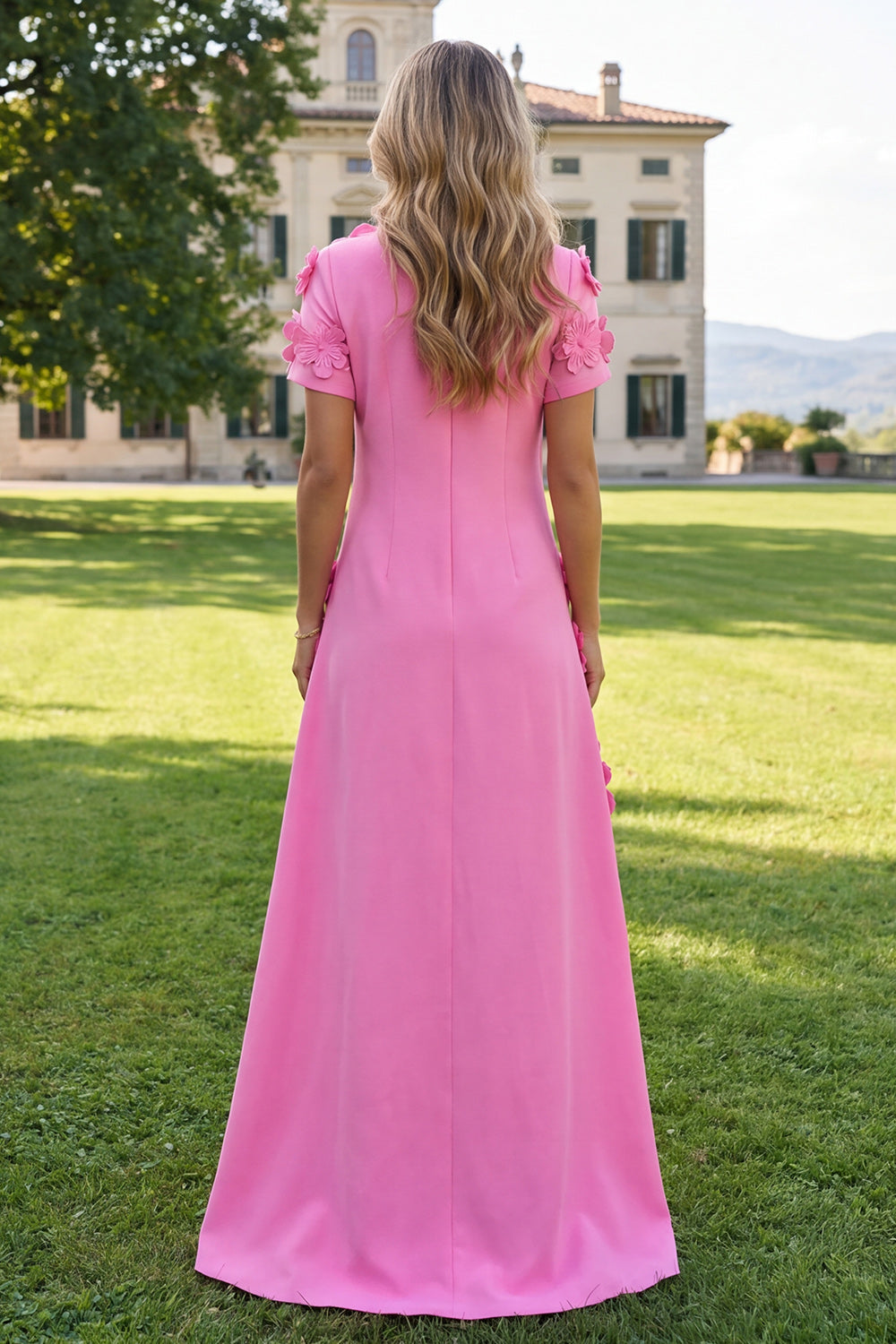 A-Line Blue Round Neck Floral Maxi Dress with Short Sleeves