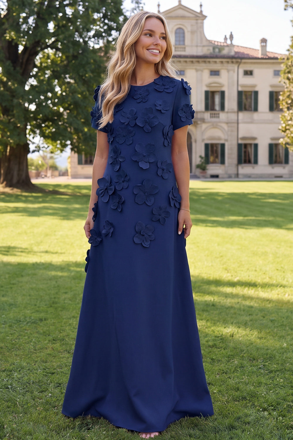 A-Line Blue Round Neck Floral Maxi Dress with Short Sleeves