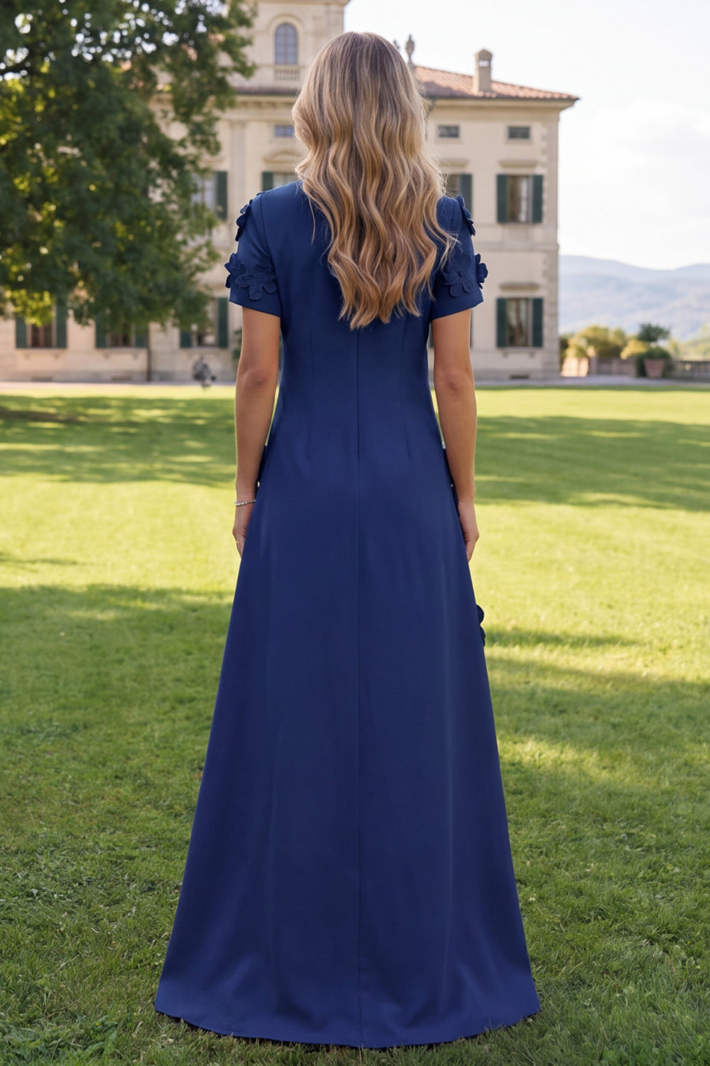 A-Line Blue Round Neck Floral Maxi Dress with Short Sleeves