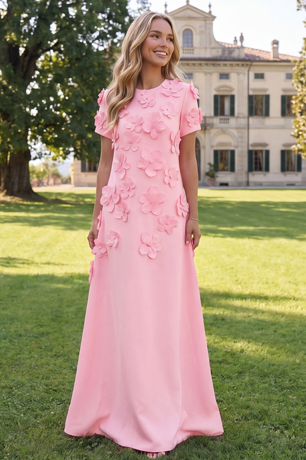 A-Line Blue Round Neck Floral Maxi Dress with Short Sleeves