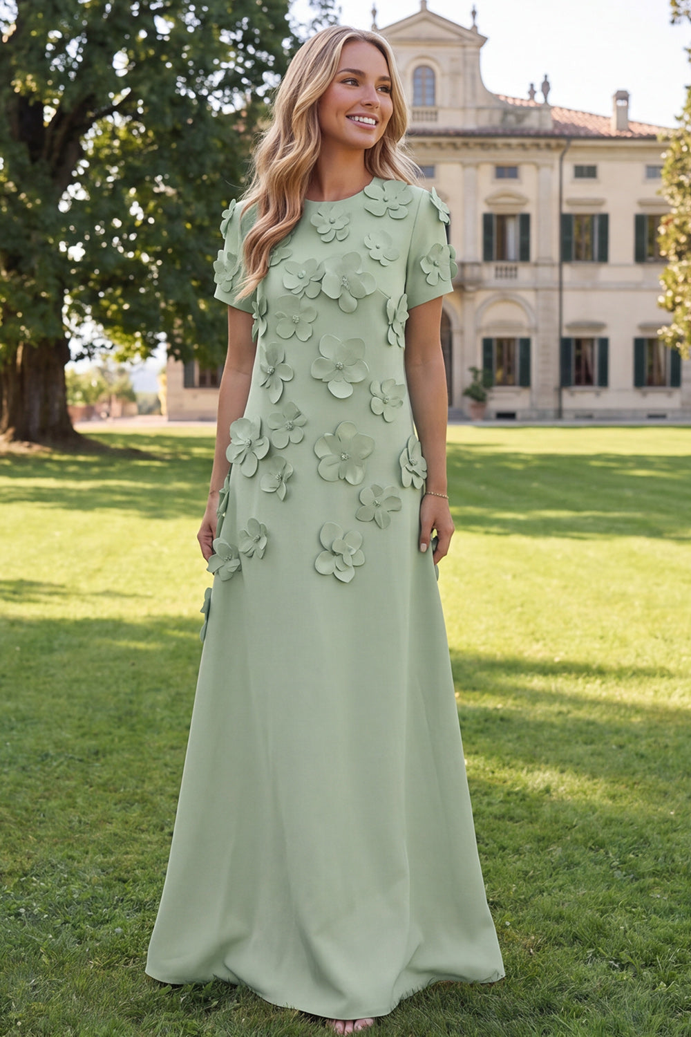 A-Line Blue Round Neck Floral Maxi Dress with Short Sleeves