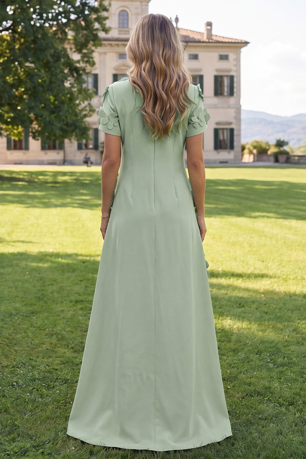 A-Line Blue Round Neck Floral Maxi Dress with Short Sleeves