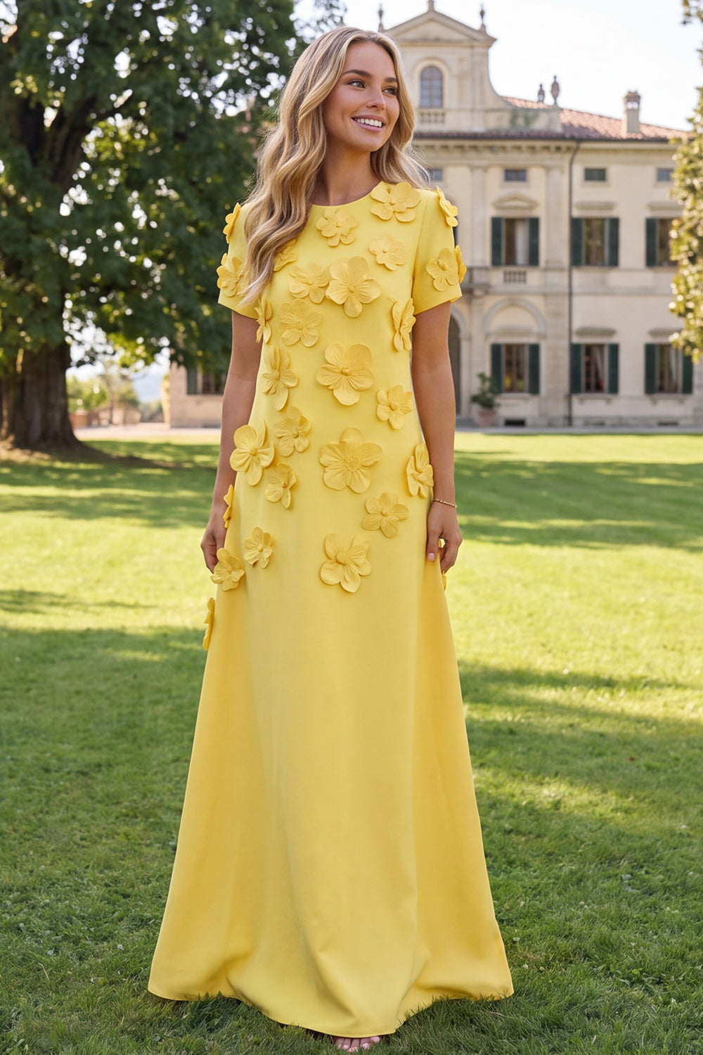 A-Line Blue Round Neck Floral Maxi Dress with Short Sleeves