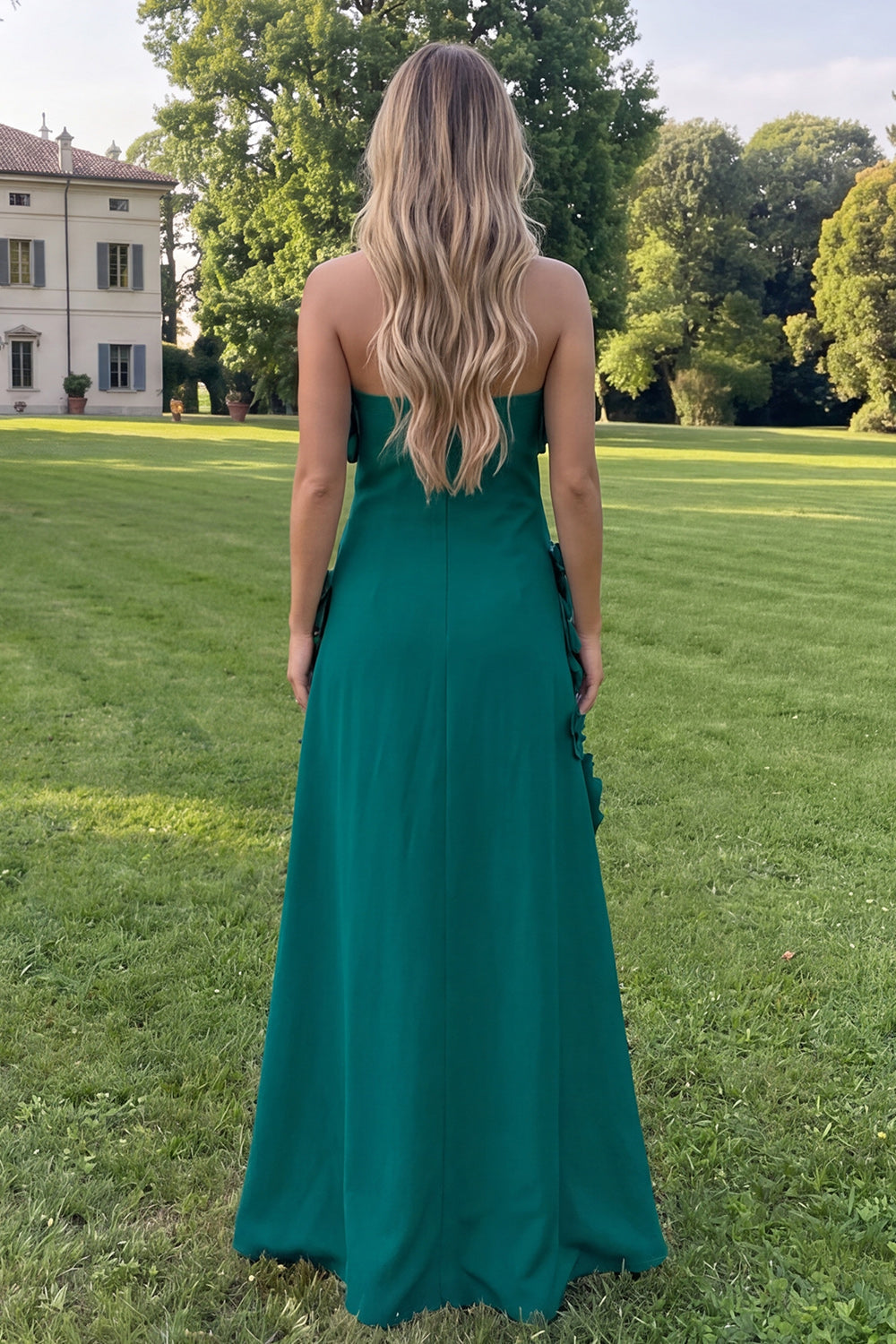 Strapless Sage Green A-Line Maxi Floral Dress
