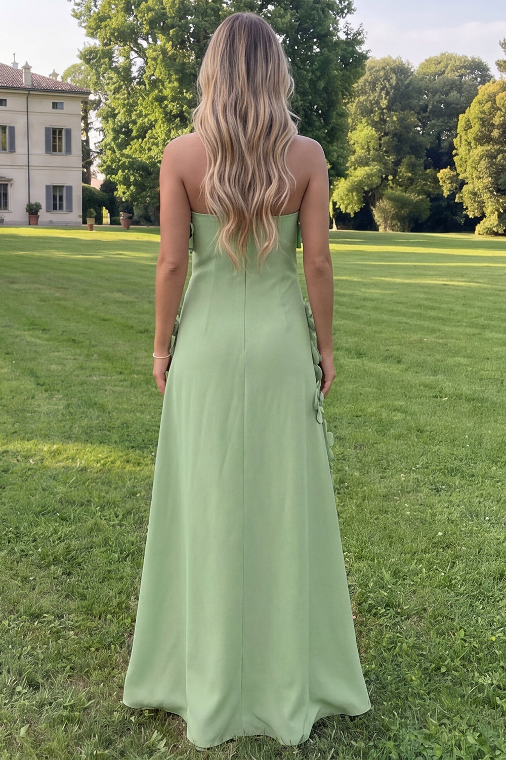 Strapless Sage Green A-Line Maxi Floral Dress