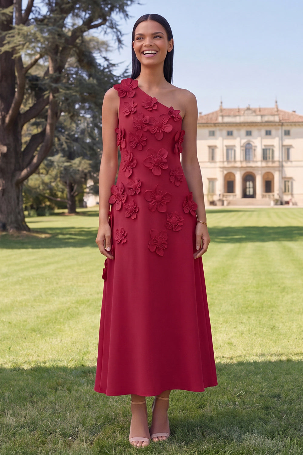 Robe midi jaune asymétrique évasée à fleurs