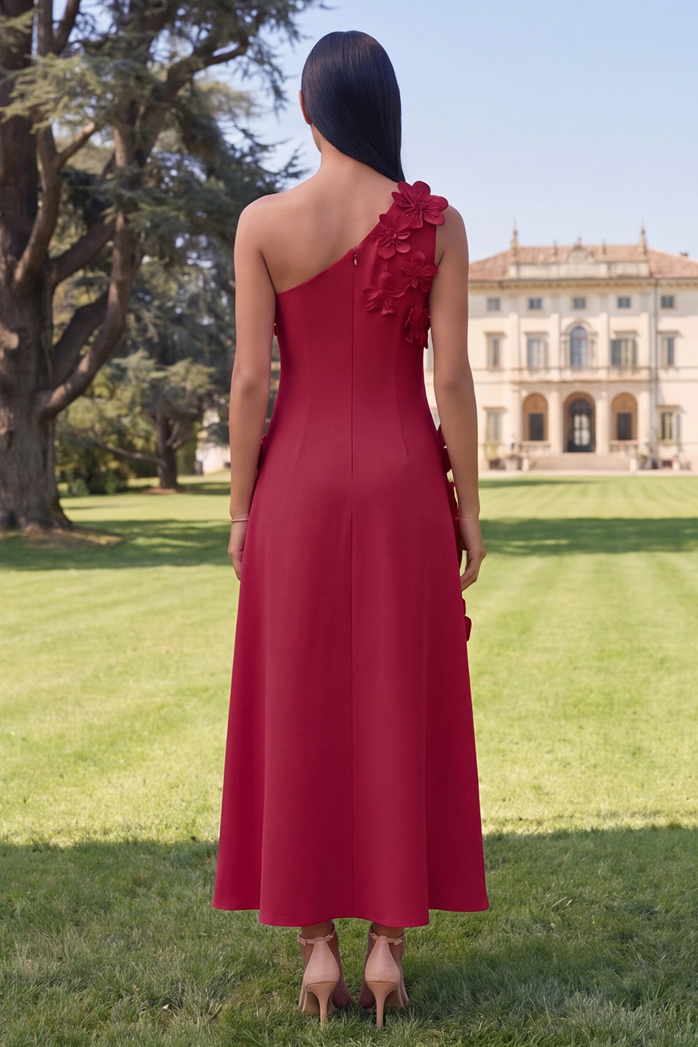 Robe midi jaune asymétrique évasée à fleurs