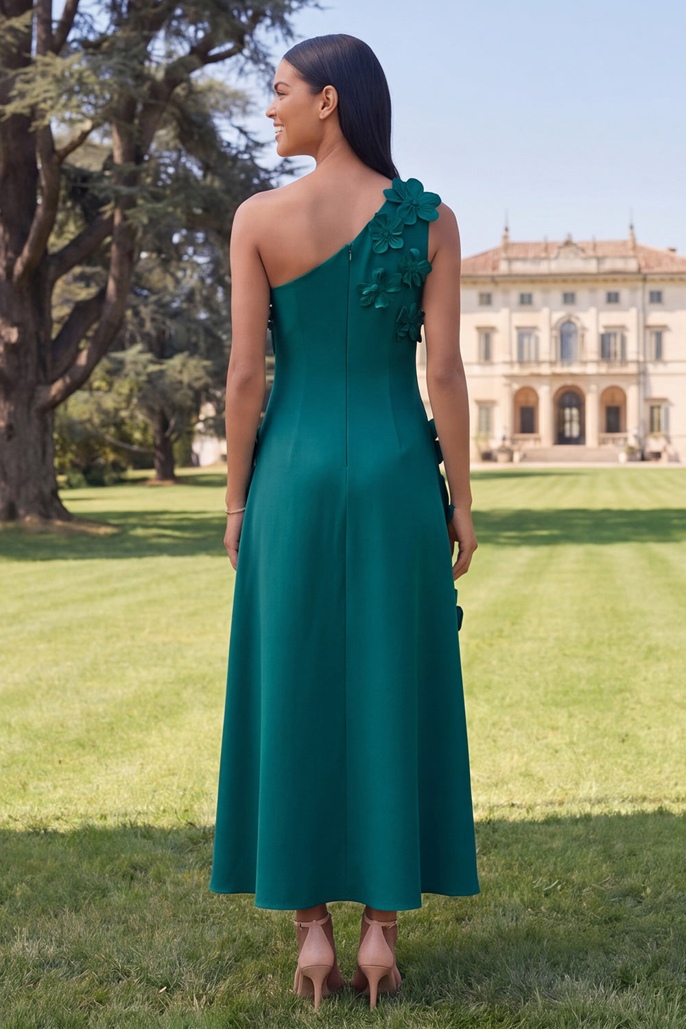 Robe midi jaune asymétrique évasée à fleurs