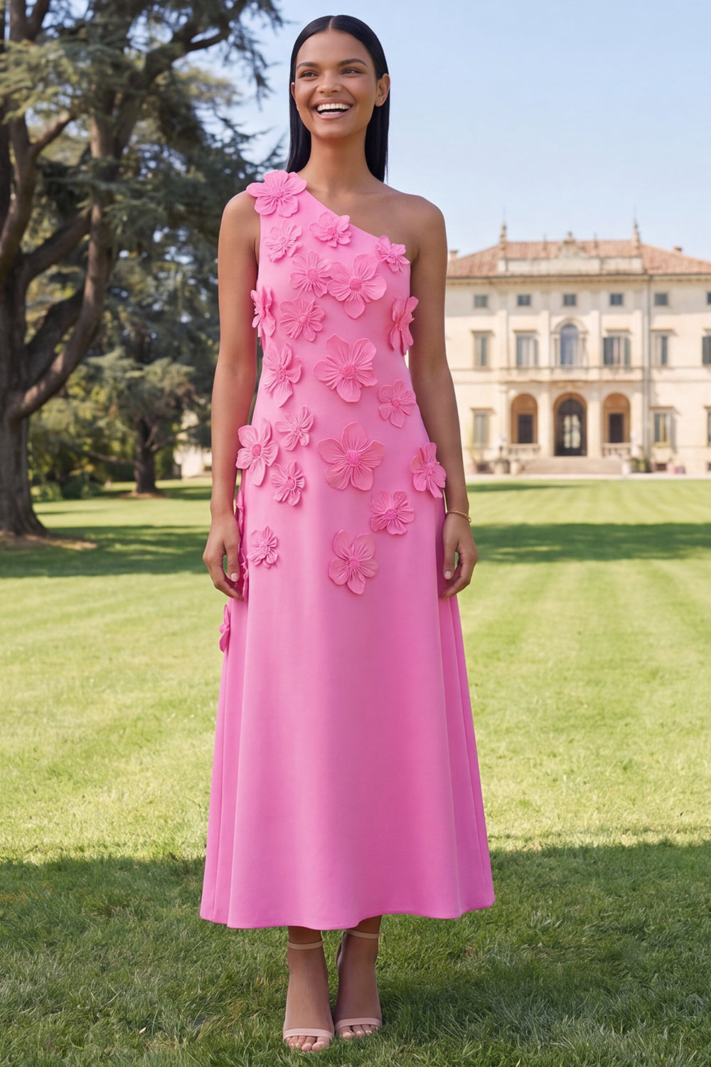 Robe midi jaune asymétrique évasée à fleurs