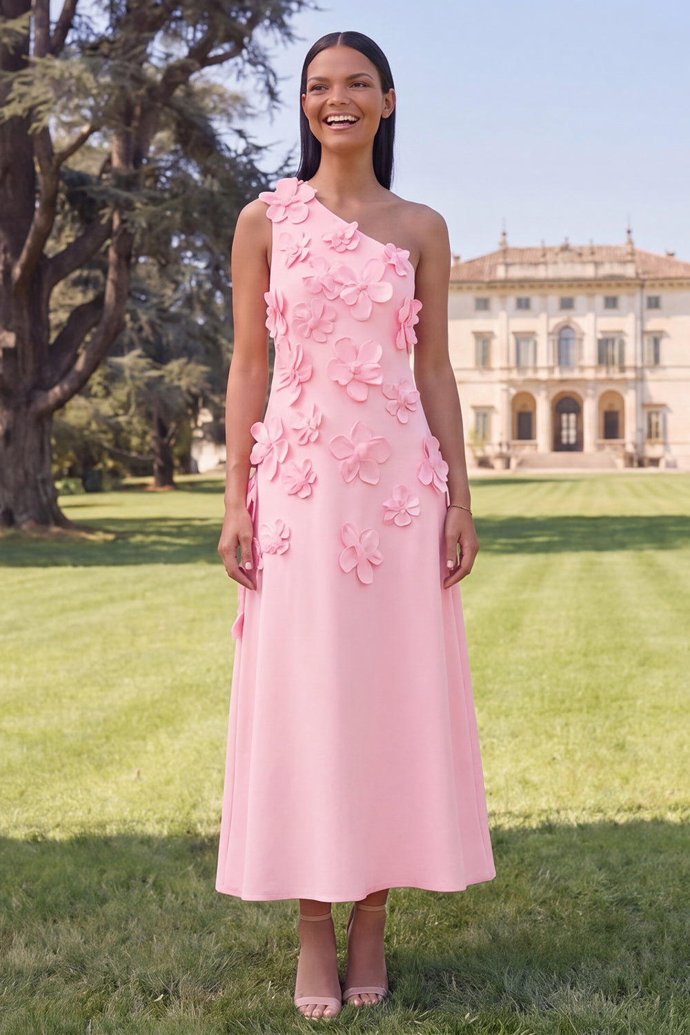 Robe midi jaune asymétrique évasée à fleurs