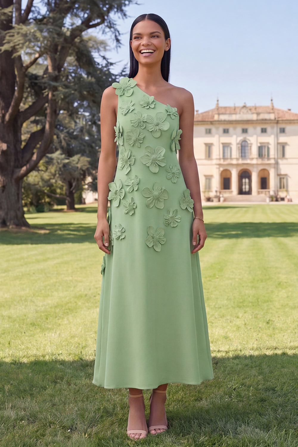 Robe midi jaune asymétrique évasée à fleurs