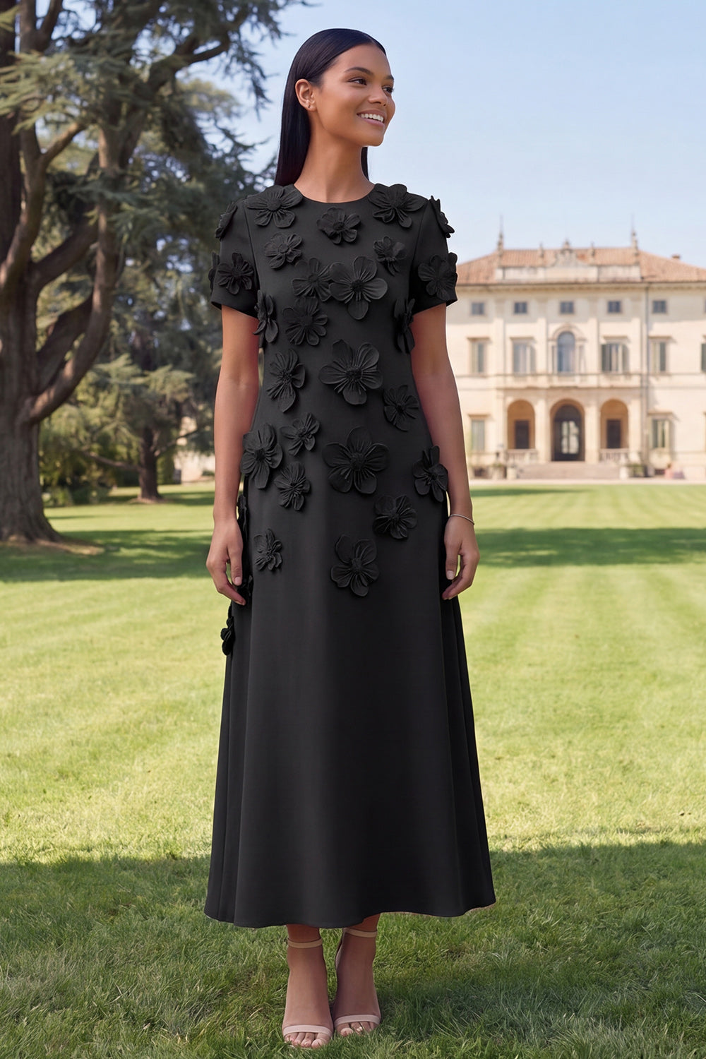 Yellow Round Neck A-Line Midi Dress with 3D Flowers