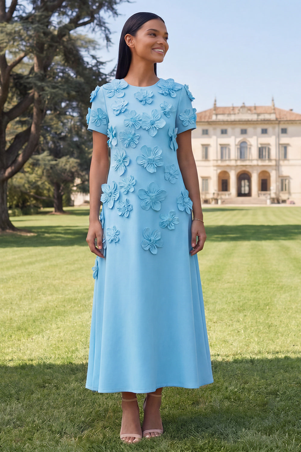 Yellow Round Neck A-Line Midi Dress with 3D Flowers