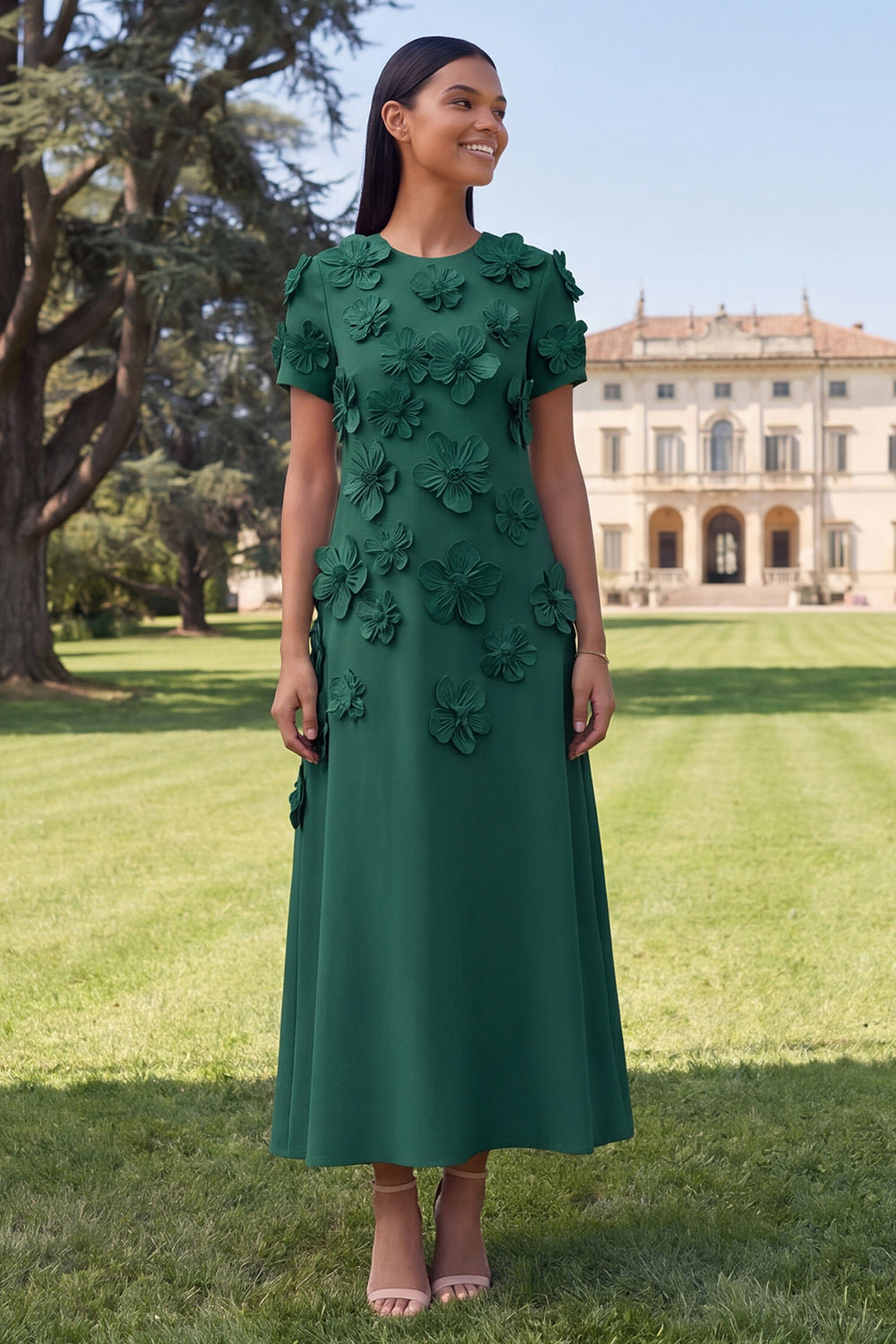Yellow Round Neck A-Line Midi Dress with 3D Flowers
