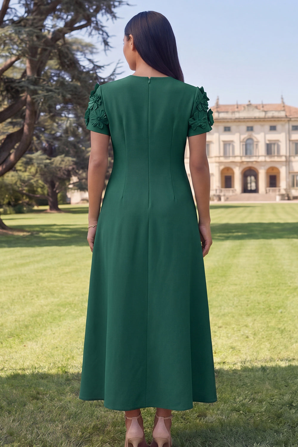 Yellow Round Neck A-Line Midi Dress with 3D Flowers