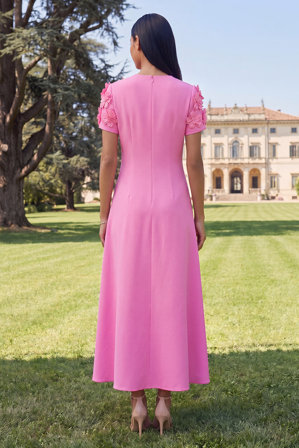 Yellow Round Neck A-Line Midi Dress with 3D Flowers