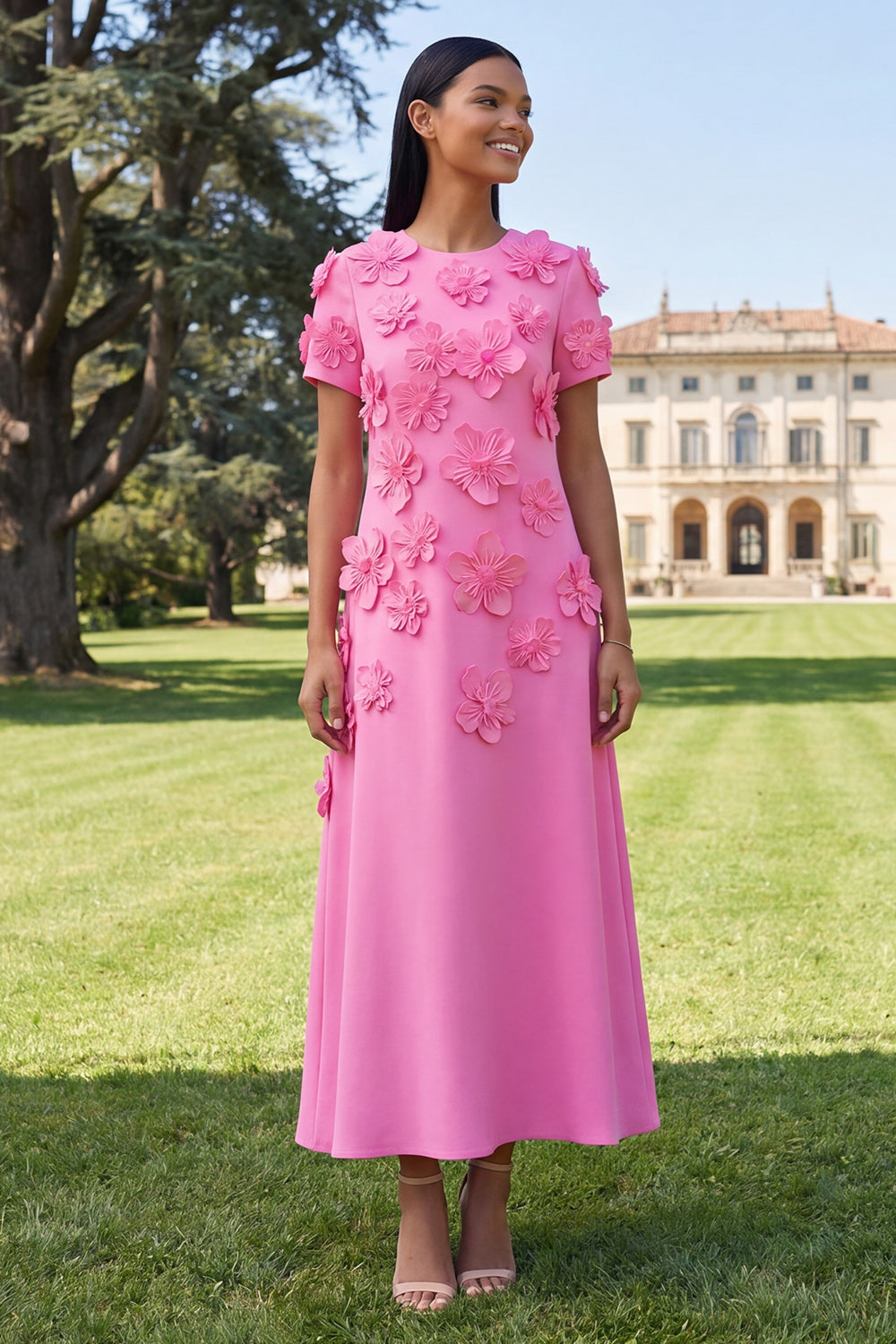 Yellow Round Neck A-Line Midi Dress with 3D Flowers