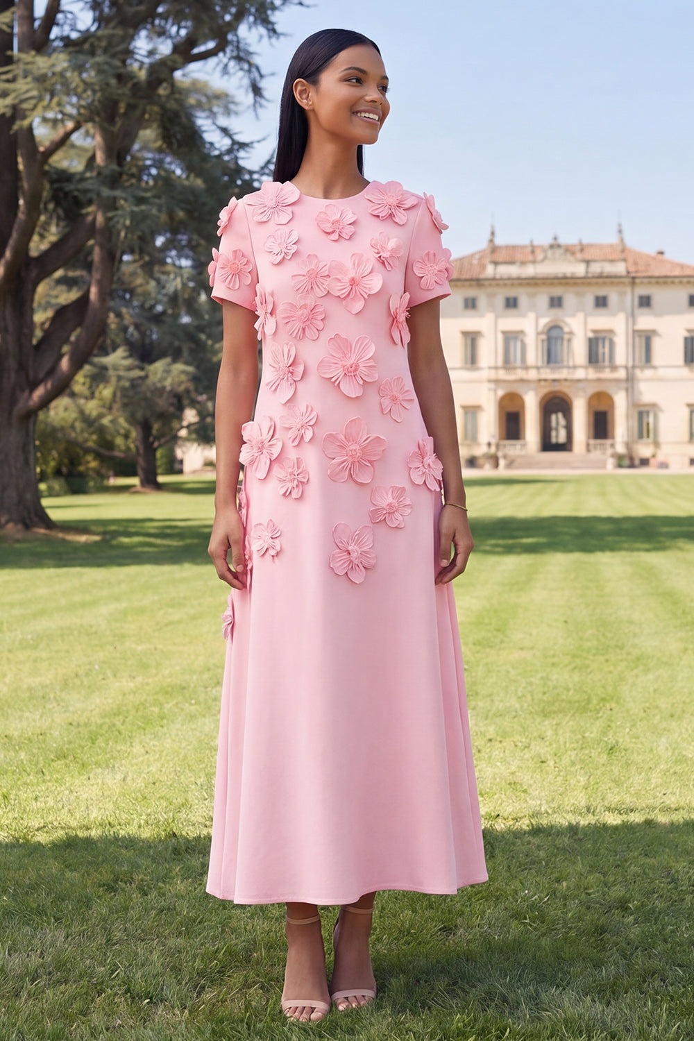 Yellow Round Neck A-Line Midi Dress with 3D Flowers