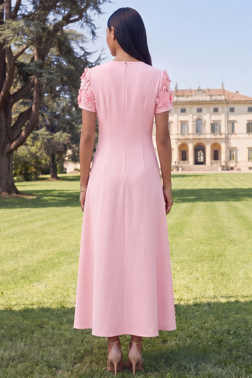 Yellow Round Neck A-Line Midi Dress with 3D Flowers