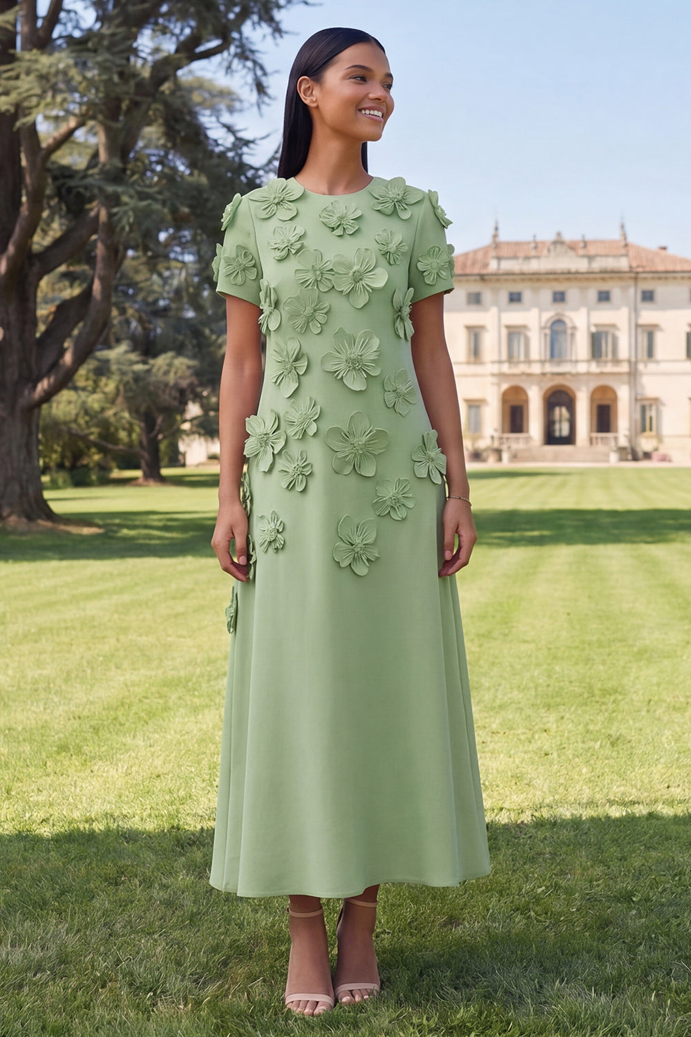 Yellow Round Neck A-Line Midi Dress with 3D Flowers