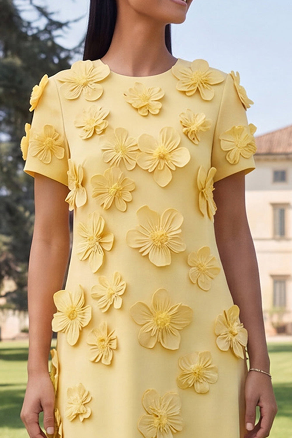 Yellow Round Neck A-Line Midi Dress with 3D Flowers