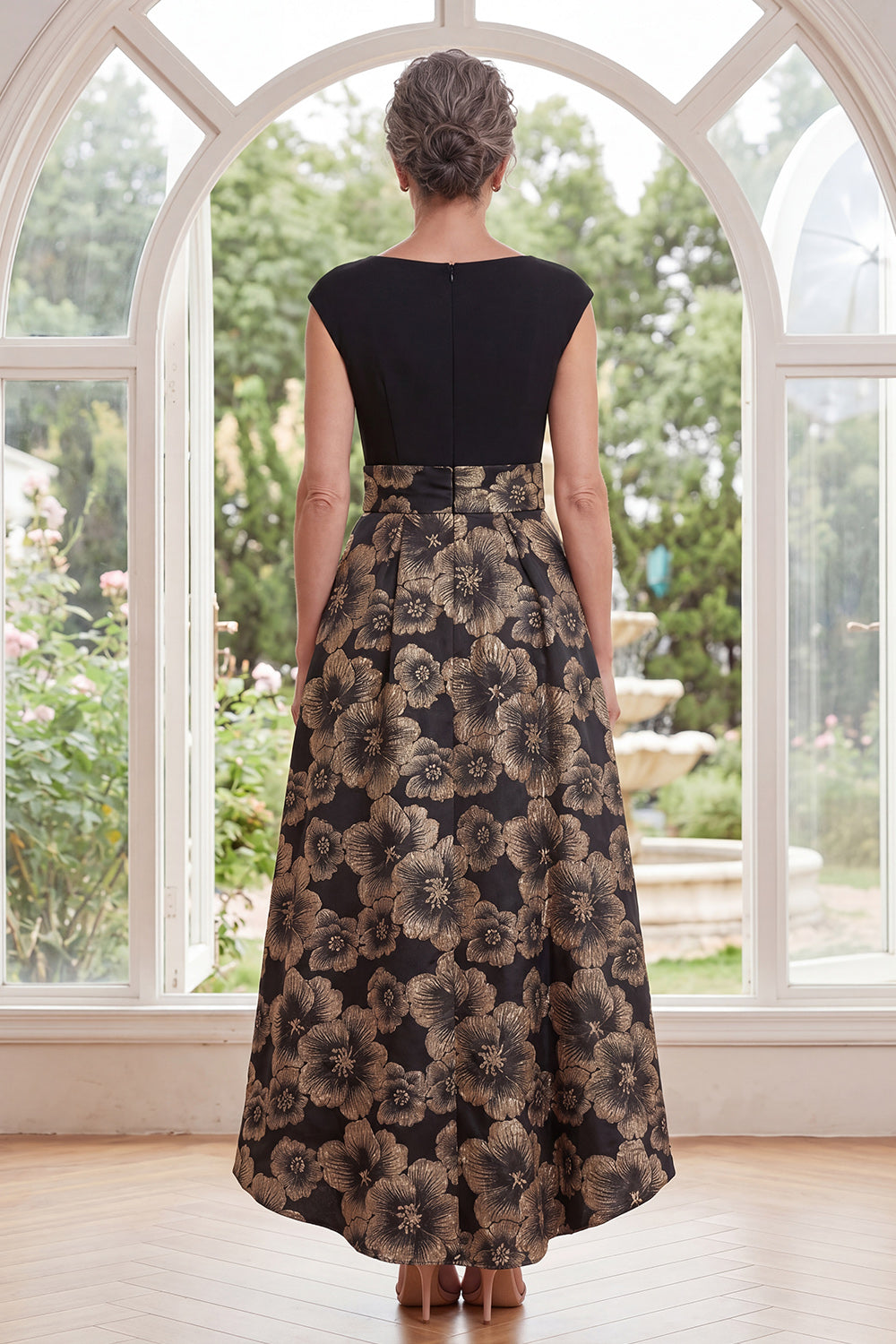 Black A-Line Bateau Neck Floral Jacquard High Low Mother Of the Bride Dress with Bow