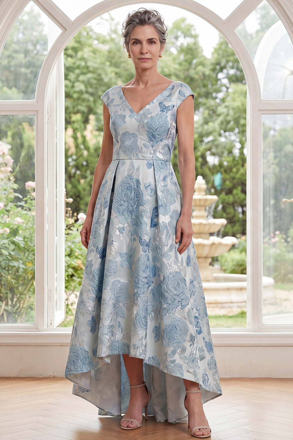 A-Line Blue V-Neck Floral Jacquard High-Low Mother of the Bride Dress with Cap Sleeves