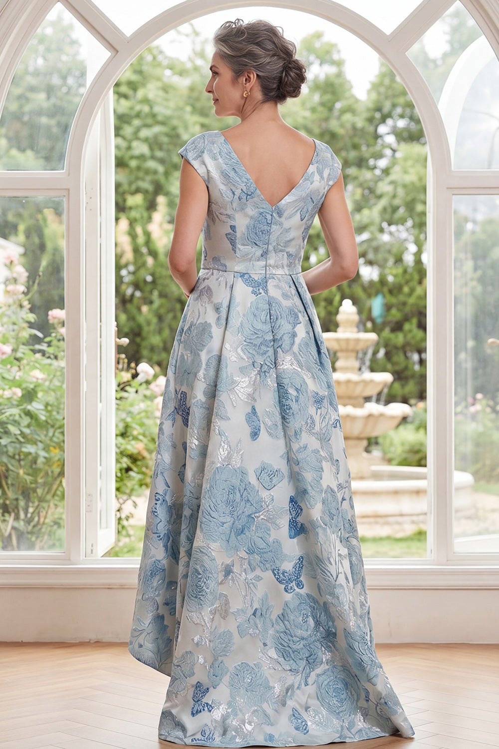 A-Line Blue V-Neck Floral Jacquard High-Low Mother of the Bride Dress with Cap Sleeves