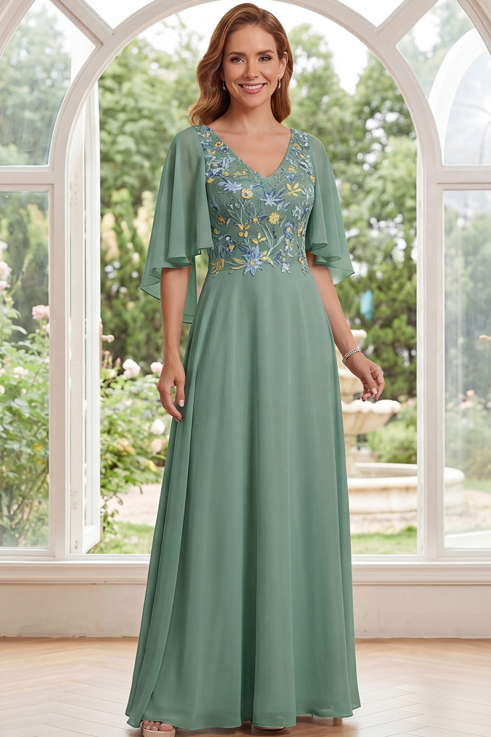 Sage Green A-Line Chiffon V-Neck Floral Long Mother Of the Bride Dress
