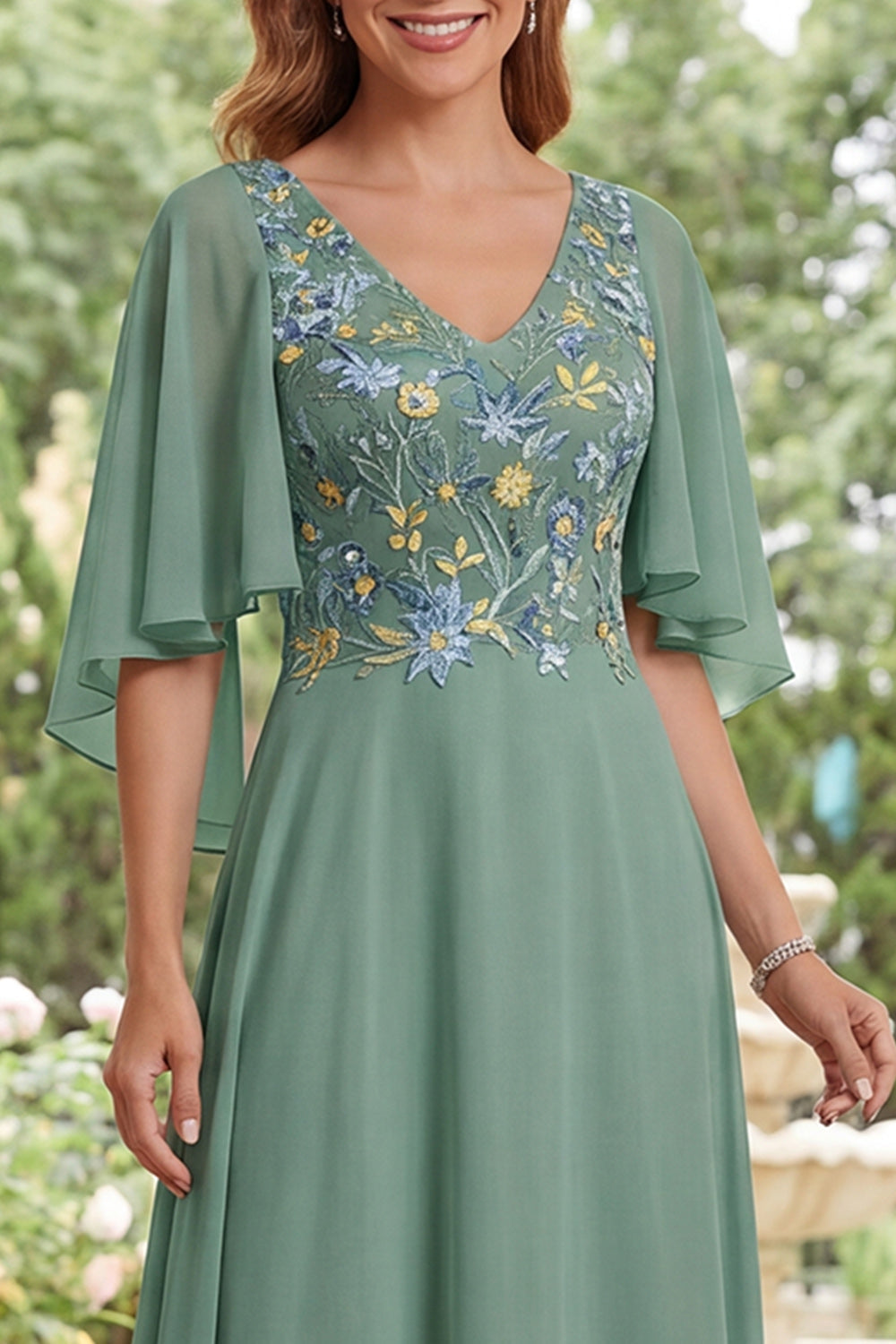 Sage Green A-Line Chiffon V-Neck Floral Long Mother Of the Bride Dress
